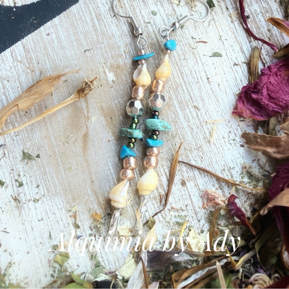 Turquoise shells and Silver Beaded Earrings